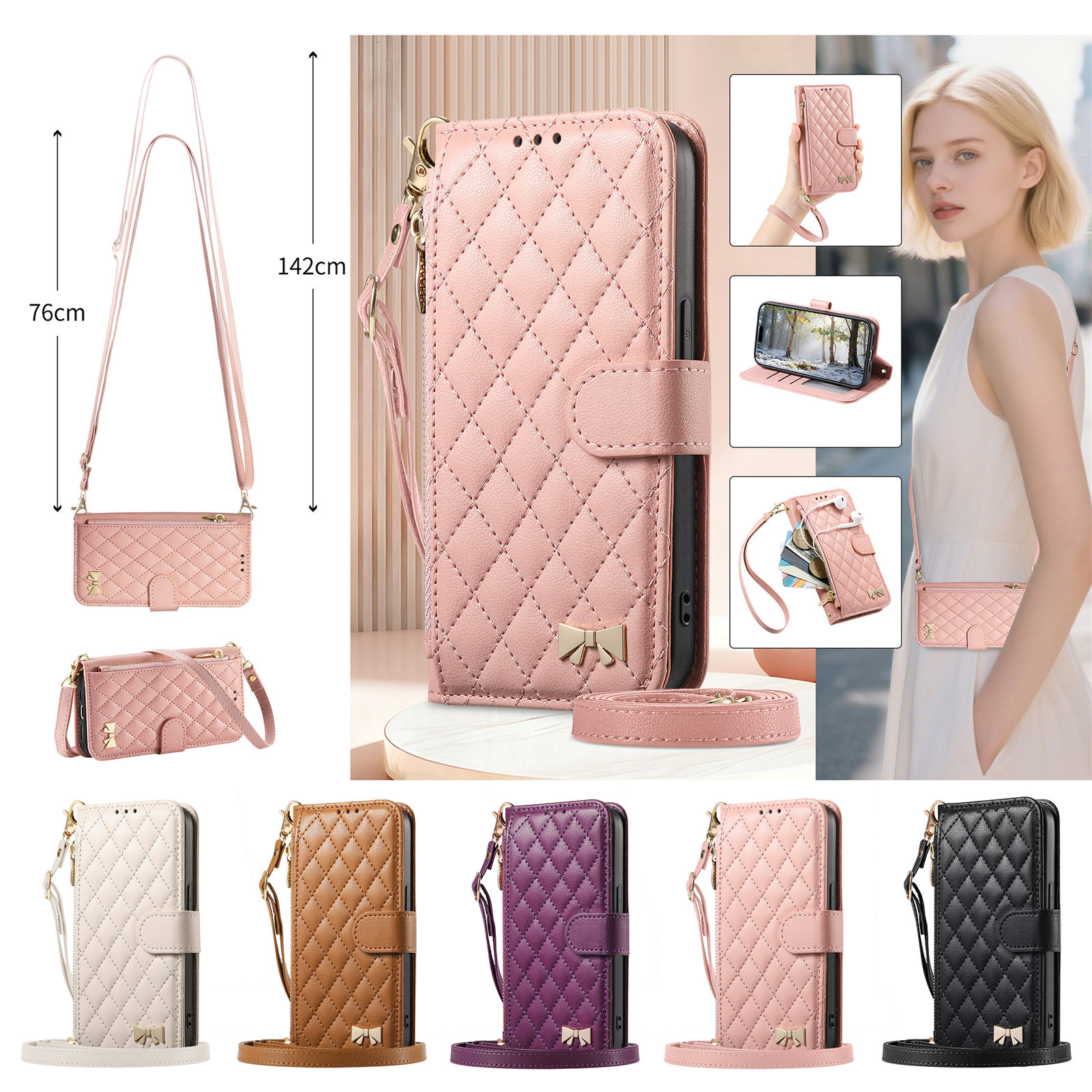 Phone Bag Crossbody - PU Leather Zipper Crossbody Flip Wallet