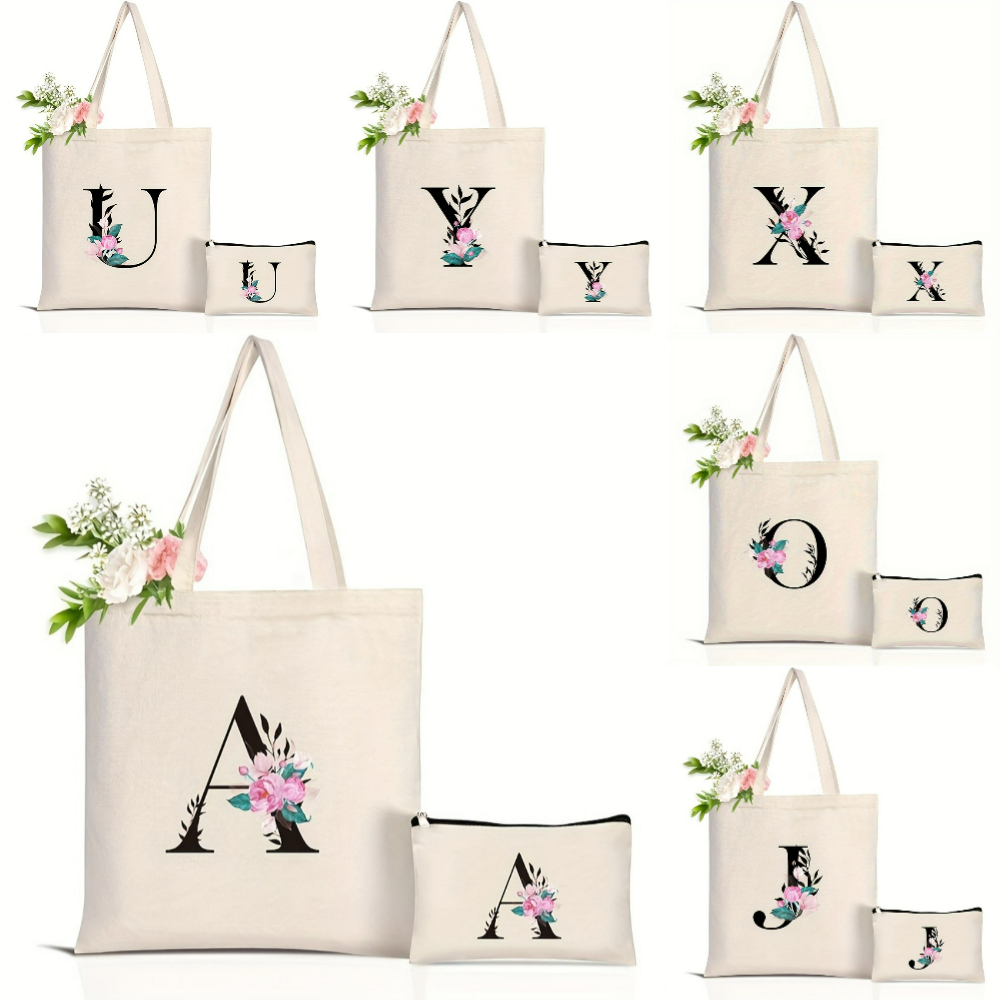 Women Bags Daily Use - Elegant Floral Alphabet Tote Bag Reusable