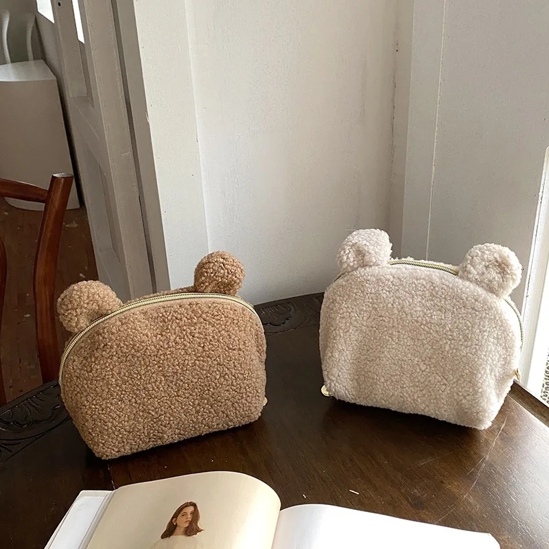 Kawaii Bear Ear Sherpa Makeup  - Women Vanity Bags บทวิจารณ์และราคา